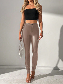 Tall Pantalones largos y ajustados de cintura alta en color champan para mujeres con estilo de moda de fiesta