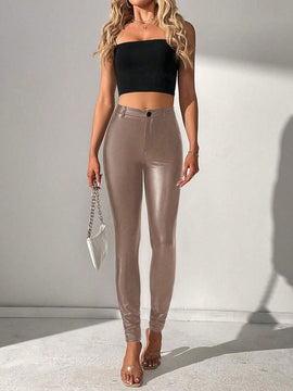 Tall Pantalones largos y ajustados de cintura alta en color champan para mujeres con estilo de moda de fiesta