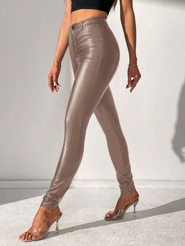 Tall Pantalones largos y ajustados de cintura alta en color champan para mujeres con estilo de moda de fiesta