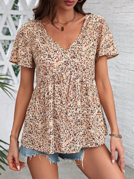 LUNE Mujeres estampado floral camiseta larga con cuello en V y cordon a la cintura, estilo vacacional de verano