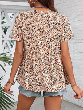 LUNE Mujeres estampado floral camiseta larga con cuello en V y cordon a la cintura, estilo vacacional de verano