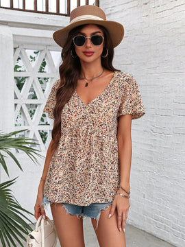 LUNE Mujeres estampado floral camiseta larga con cuello en V y cordon a la cintura, estilo vacacional de verano
