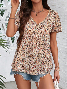 LUNE Mujeres estampado floral camiseta larga con cuello en V y cordon a la cintura, estilo vacacional de verano