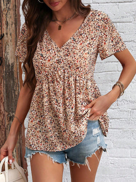 LUNE Mujeres estampado floral camiseta larga con cuello en V y cordon a la cintura, estilo vacacional de verano