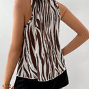 Prive Mujeres elegante camisa de cuello halter con estampado de cebra para festivales de musica, trabajo y vacaciones, corbata y plisado veraniego con impresion en blanco y negro