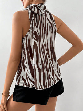 Prive Mujeres elegante camisa de cuello halter con estampado de cebra para festivales de musica, trabajo y vacaciones, corbata y plisado veraniego con impresion en blanco y negro
