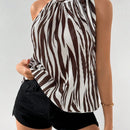 Prive Mujeres elegante camisa de cuello halter con estampado de cebra para festivales de musica, trabajo y vacaciones, corbata y plisado veraniego con impresion en blanco y negro