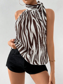 Prive Mujeres elegante camisa de cuello halter con estampado de cebra para festivales de musica, trabajo y vacaciones, corbata y plisado veraniego con impresion en blanco y negro
