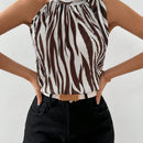 Prive Mujeres elegante camisa de cuello halter con estampado de cebra para festivales de musica, trabajo y vacaciones, corbata y plisado veraniego con impresion en blanco y negro