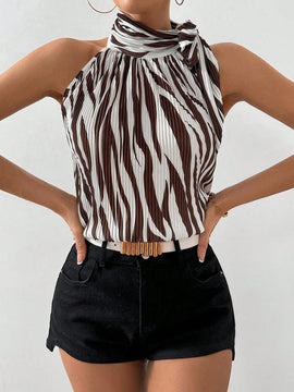 Prive Mujeres elegante camisa de cuello halter con estampado de cebra para festivales de musica, trabajo y vacaciones, corbata y plisado veraniego con impresion en blanco y negro