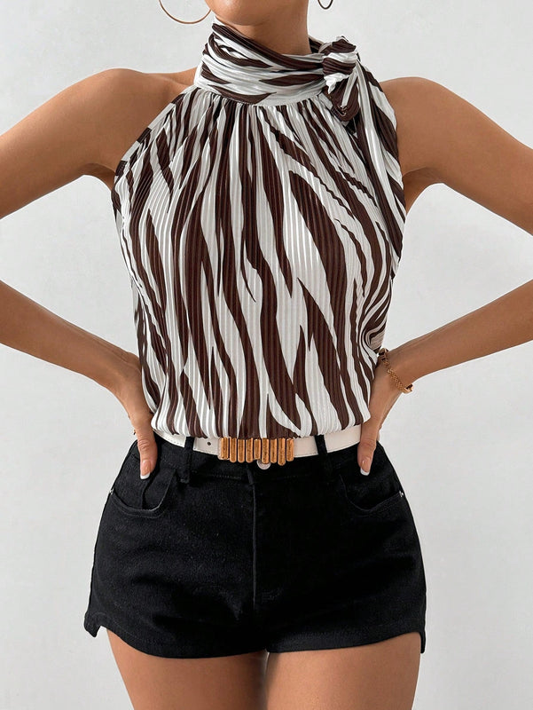 Prive Mujeres elegante camisa de cuello halter con estampado de cebra para festivales de musica, trabajo y vacaciones, corbata y plisado veraniego con impresion en blanco y negro