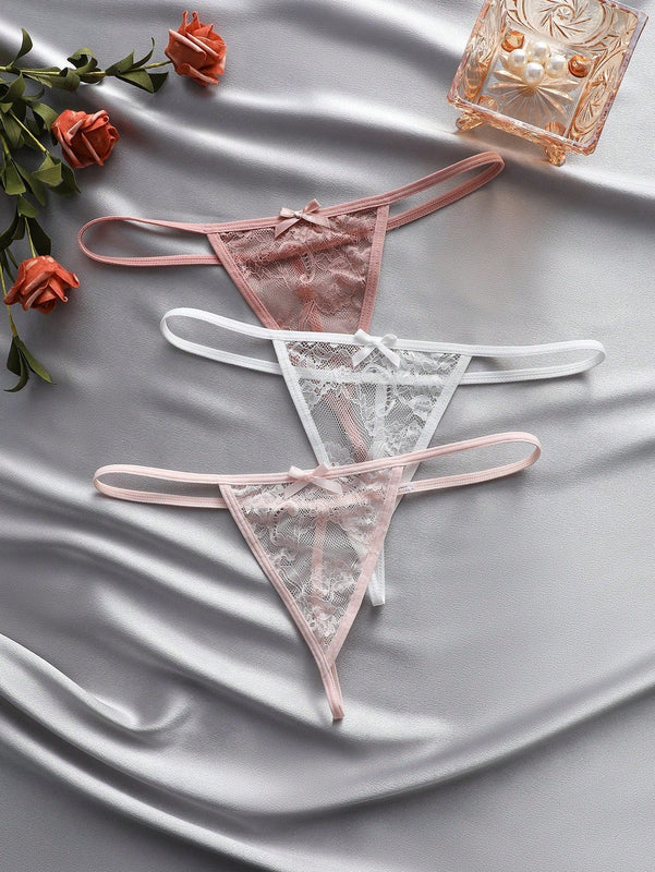 Set de 3 piezas de pantis de encaje transparente con diseno de lazo sexy para mujer