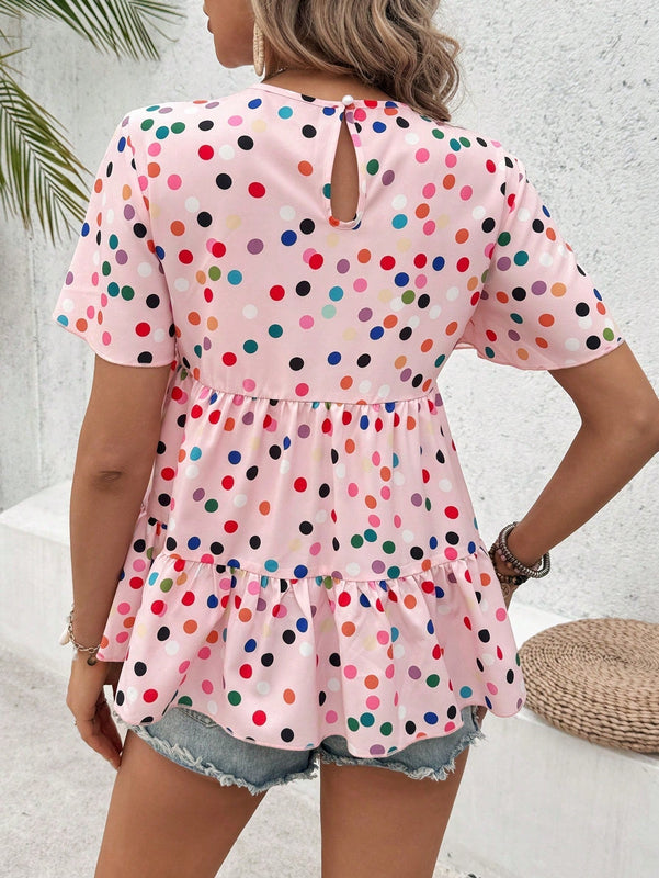 VCAY Camiseta de verano con volantes de varias capas y lunares de colores impresos