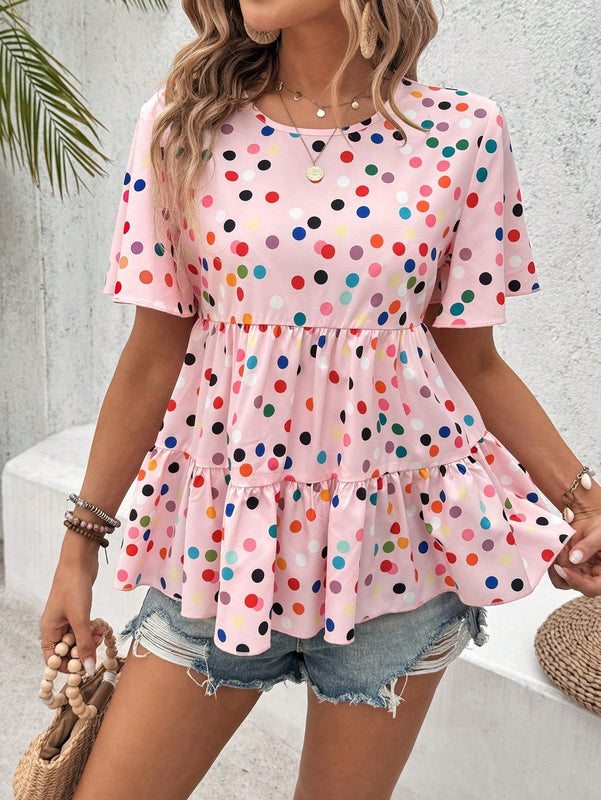 VCAY Camiseta de verano con volantes de varias capas y lunares de colores impresos