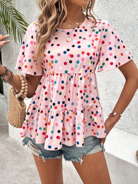 VCAY Camiseta de verano con volantes de varias capas y lunares de colores impresos