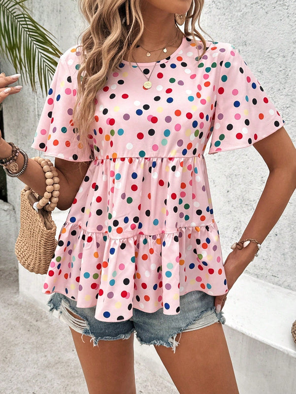 VCAY Camiseta de verano con volantes de varias capas y lunares de colores impresos