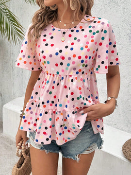 VCAY Camiseta de verano con volantes de varias capas y lunares de colores impresos