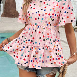 VCAY Camiseta de verano con volantes de varias capas y lunares de colores impresos