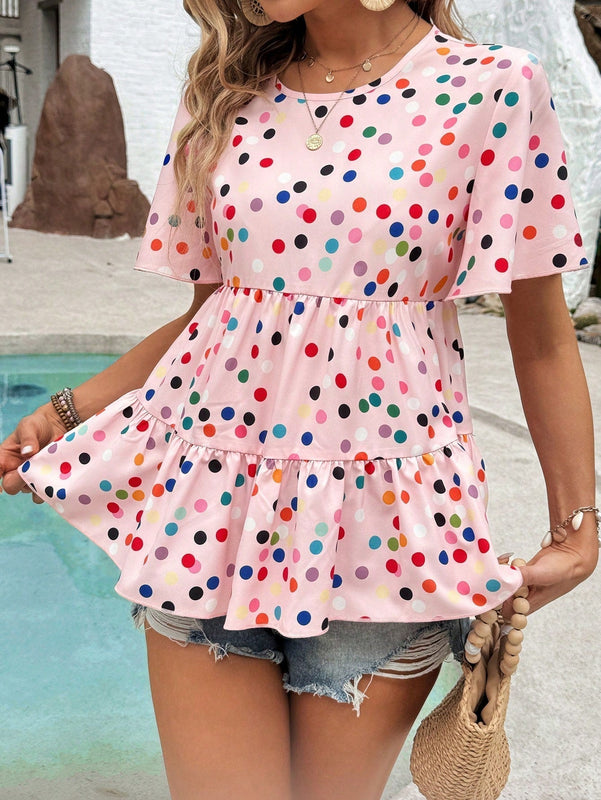 VCAY Camiseta de verano con volantes de varias capas y lunares de colores impresos