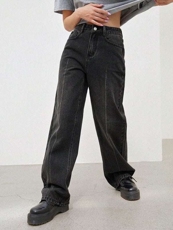Dazy Designer Jeans de pierna recta y sueltos para mujer con diseno de lavado decorativo