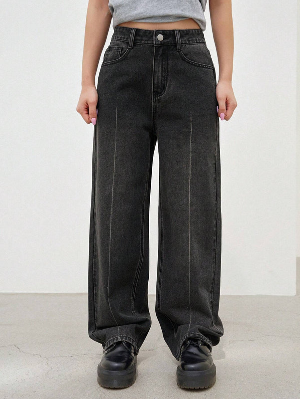 Dazy Designer Jeans de pierna recta y sueltos para mujer con diseno de lavado decorativo
