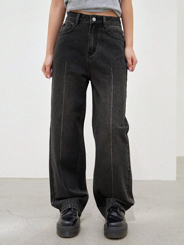 Dazy Designer Jeans de pierna recta y sueltos para mujer con diseno de lavado decorativo