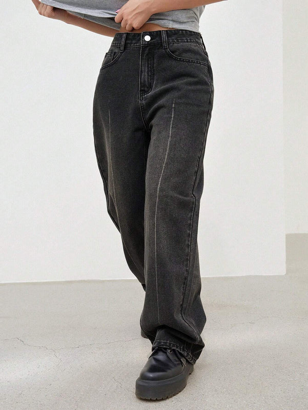 Dazy Designer Jeans de pierna recta y sueltos para mujer con diseno de lavado decorativo