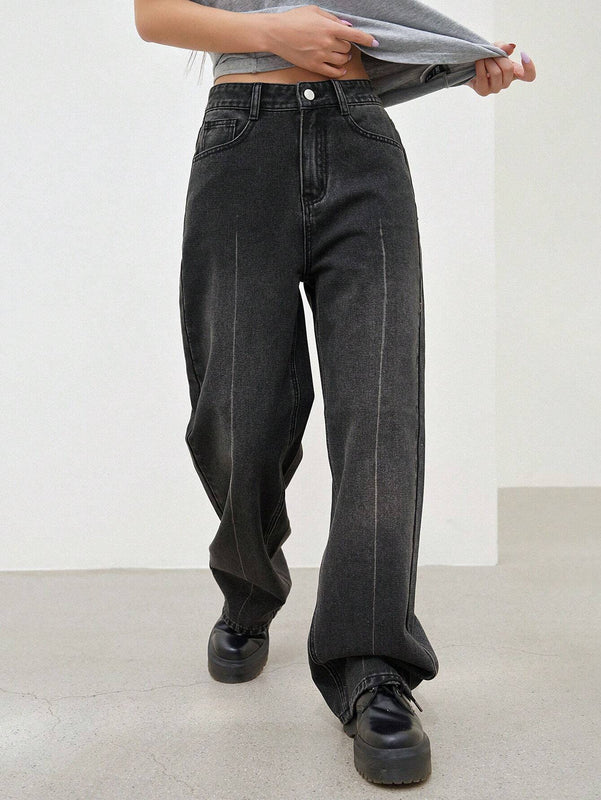Dazy Designer Jeans de pierna recta y sueltos para mujer con diseno de lavado decorativo