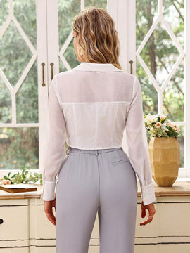 Camisa de mujer de manga larga con escote en V, cintura fruncida, dobladillo dividido y paneles transparentes de moda