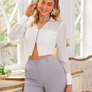 Camisa de mujer de manga larga con escote en V, cintura fruncida, dobladillo dividido y paneles transparentes de moda