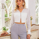 Camisa de mujer de manga larga con escote en V, cintura fruncida, dobladillo dividido y paneles transparentes de moda