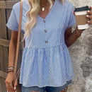 LUNE Top peplum de camisa para mujer con rayas, botones decorativos y mangas cortas