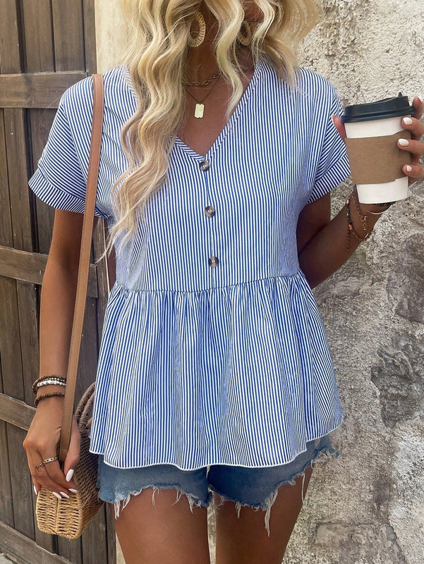 LUNE Top peplum de camisa para mujer con rayas, botones decorativos y mangas cortas