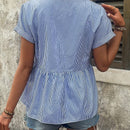 LUNE Top peplum de camisa para mujer con rayas, botones decorativos y mangas cortas