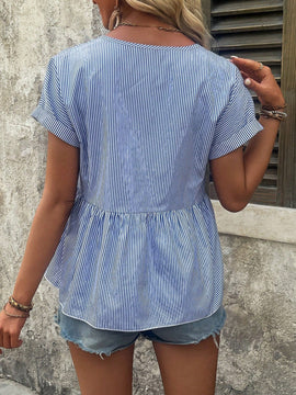 LUNE Top peplum de camisa para mujer con rayas, botones decorativos y mangas cortas