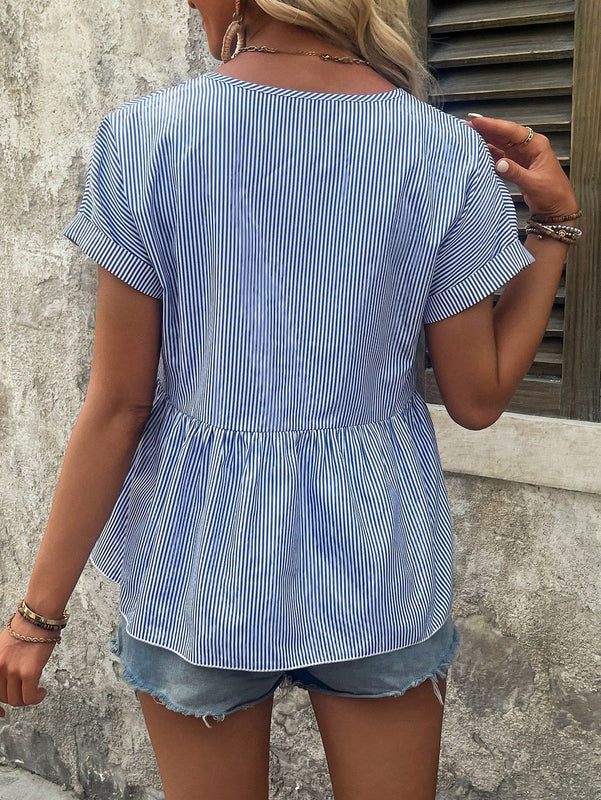LUNE Top peplum de camisa para mujer con rayas, botones decorativos y mangas cortas