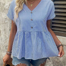 LUNE Top peplum de camisa para mujer con rayas, botones decorativos y mangas cortas