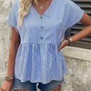LUNE Top peplum de camisa para mujer con rayas, botones decorativos y mangas cortas