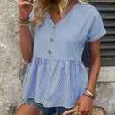 LUNE Top peplum de camisa para mujer con rayas, botones decorativos y mangas cortas