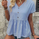 LUNE Top peplum de camisa para mujer con rayas, botones decorativos y mangas cortas