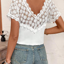 Camisa de manga murcielago con parches de encaje solubles en agua y diseno remendado, ideal para el verano
