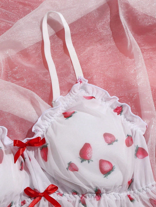 Juego de 2 piezas de lenceria de malla de fresa linda sin anillo de acero en talla estandar