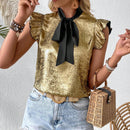 VCAY Camiseta de verano casual con cuello de hoja de loto metalizado y corbata frontal