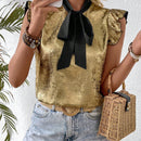 VCAY Camiseta de verano casual con cuello de hoja de loto metalizado y corbata frontal