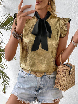 VCAY Camiseta de verano casual con cuello de hoja de loto metalizado y corbata frontal