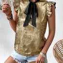 VCAY Camiseta de verano casual con cuello de hoja de loto metalizado y corbata frontal