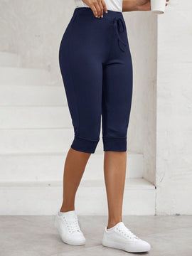 LUNE Pantalones capri casuales, de primavera/verano, para mujer, de unicolor, con ajuste delgado y cinturon con lazo en la cintura