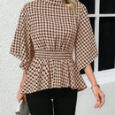 Clasi Camisa de cuadros para mujer con cuello alto y mangas acampanadas con lazo en la cintura, para la temporada primavera/verano con estilo peplum