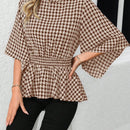 Clasi Camisa de cuadros para mujer con cuello alto y mangas acampanadas con lazo en la cintura, para la temporada primavera/verano con estilo peplum