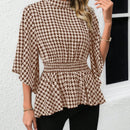 Clasi Camisa de cuadros para mujer con cuello alto y mangas acampanadas con lazo en la cintura, para la temporada primavera/verano con estilo peplum